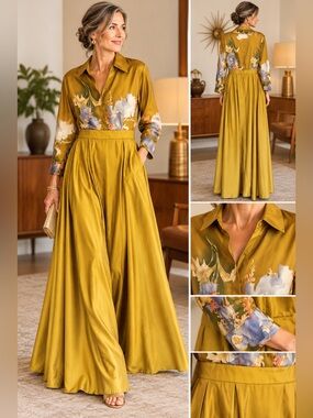 AlisaStyle Mustard Gold Floral Satin Maxi Shirt Dress Size L